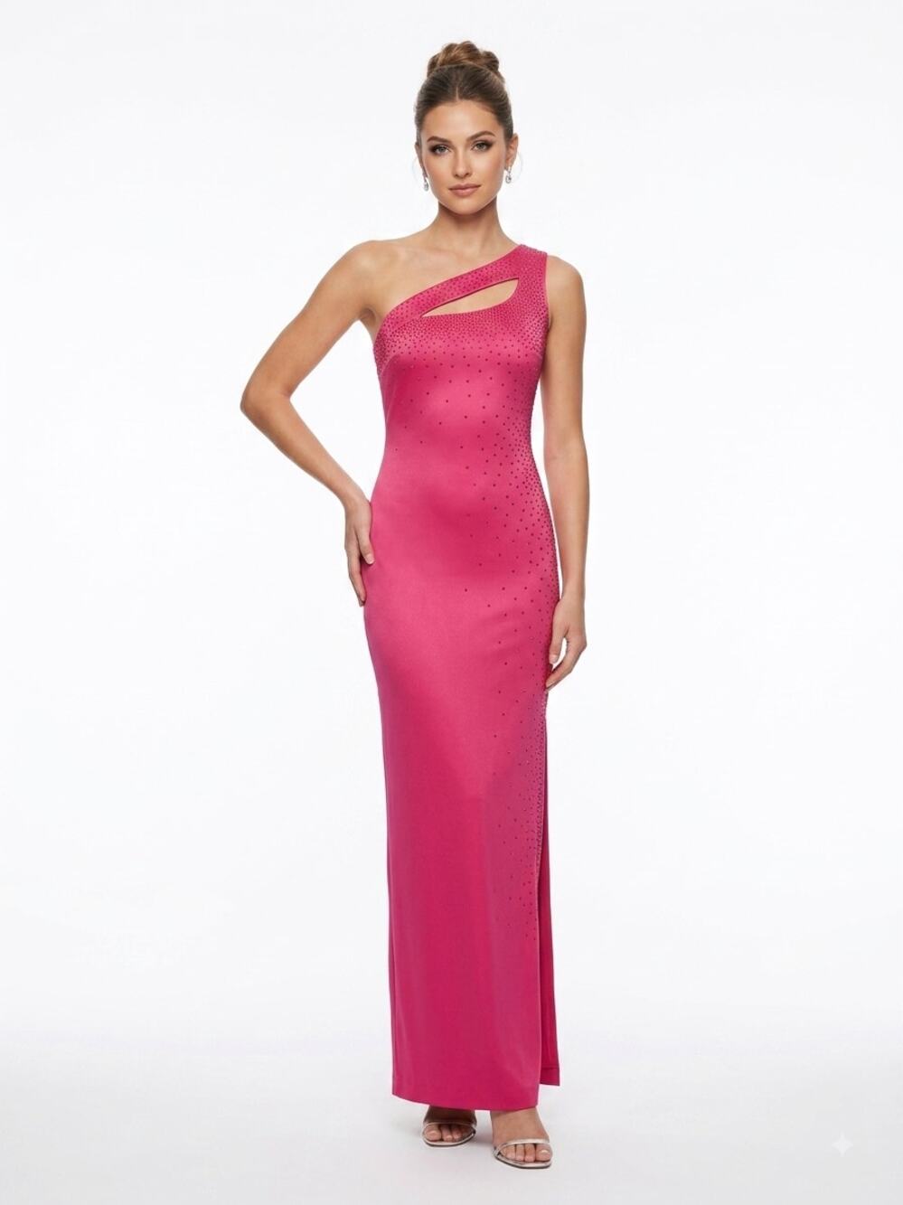 NWT Rampage Maxi Gown Womens 3 Hot Pink Rhinestone Cutout One Shoulder Vintage